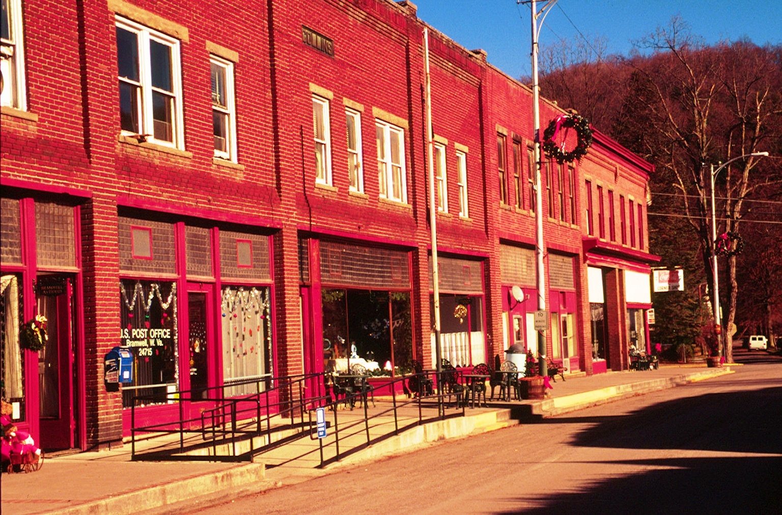 Street view of historic commercial buildings along Main Street in Bramwell, West Virginia